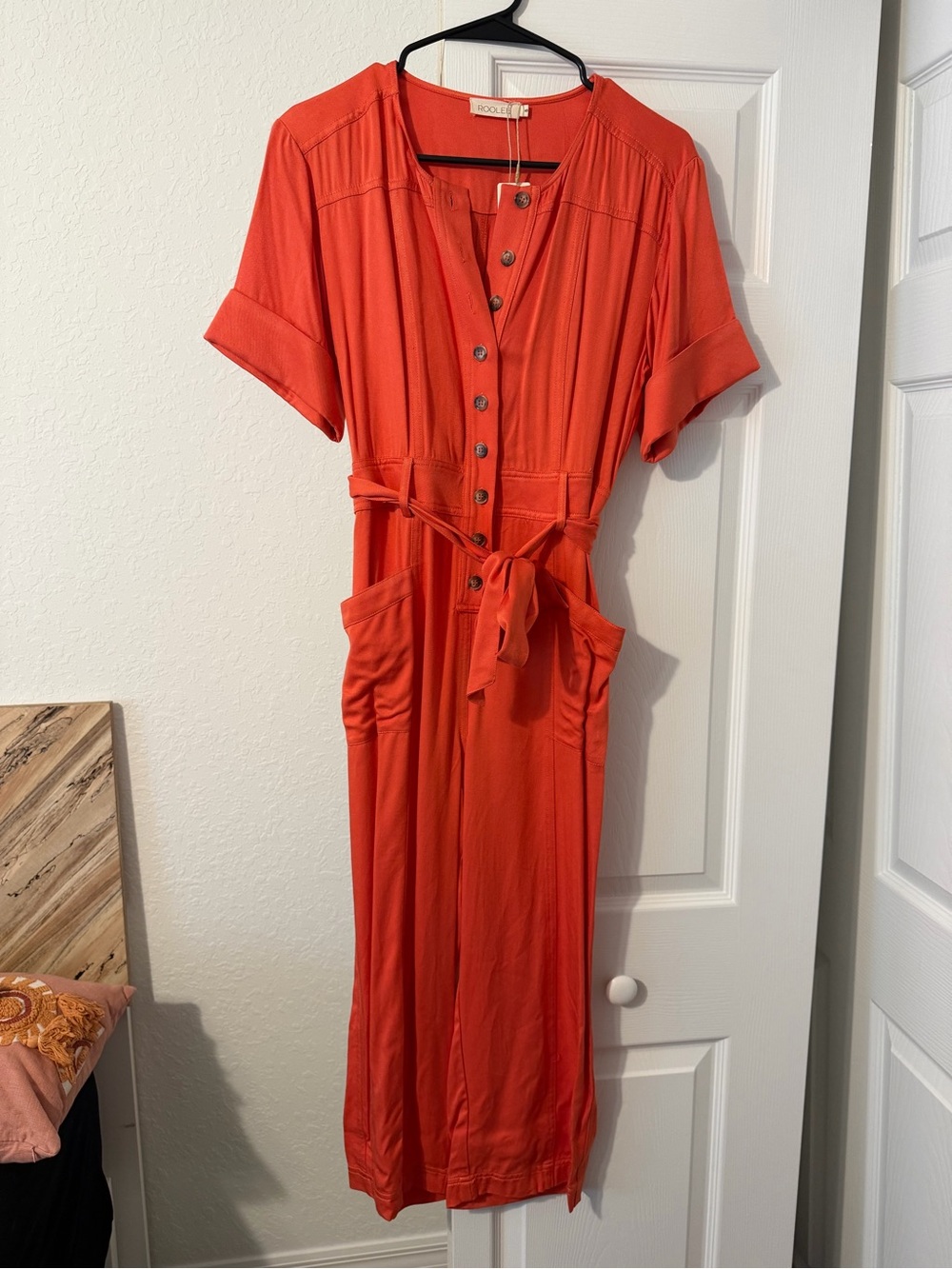 Roolee Coral-Red Button-Front Belted Midi Dress